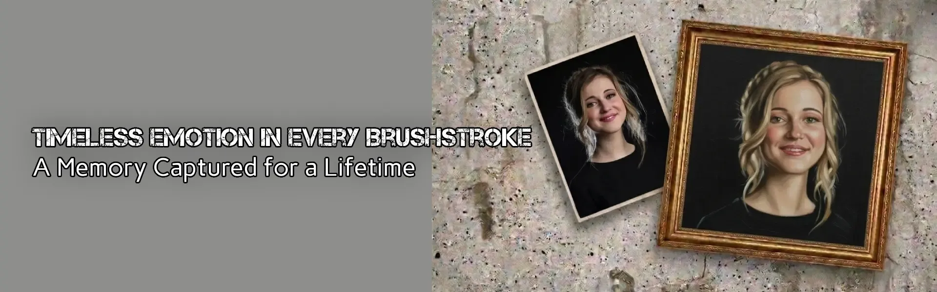 Custom female portrait painting showing photo‑to‑art transformation in ornate frame.